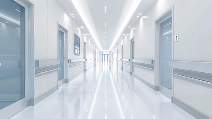 White and clean corridor inside a modern medical building with health care facilities