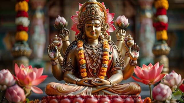 Hindu Goddess Statue with Lotus Flowers, To convey a sense of spirituality and beauty using a richly detailed and culturally significant image