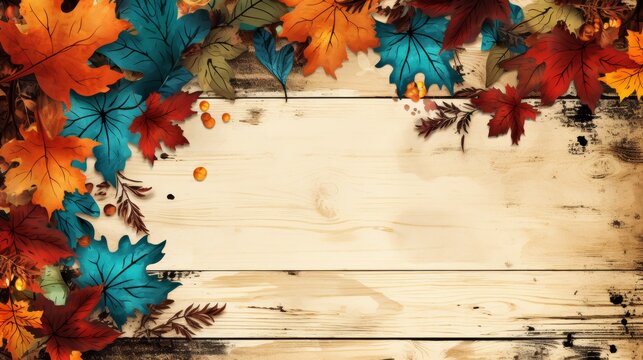 Vintage weathered wood planks with maple leaves, abstract background design, retro theme