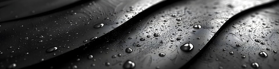 Black and White Water Droplets on Surface, A sleek and modern black and white wallpaper featuring water droplets on a surface - obrazy, fototapety, plakaty