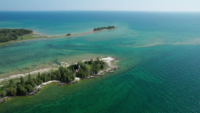 Drone aerial shot of lake Michigan outside of bailey's harbor in door county