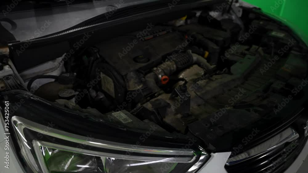 Poster mechanic hands giving keys to a client with car engine in background