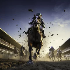 Schilderijen op glas Thoroughbred horses jockey in a race © All