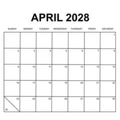 april 2028 calendar. week starts on sunday. printable, simple, and clean design. calendar vector design.