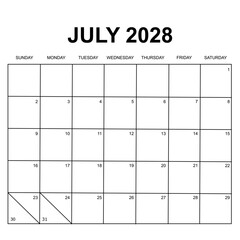july 2028 calendar. week starts on sunday. printable, simple, and clean design. calendar vector design. - obrazy, fototapety, plakaty