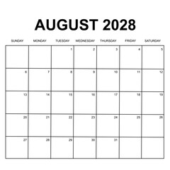 august 2028 calendar. week starts on sunday. printable, simple, and clean design. calendar vector design.