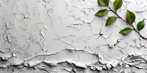 AI Generated Art White Background with Cracked Paint and Green Leaves, To provide a unique and modern design featuring a white background with