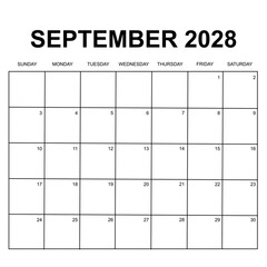 september 2028 calendar. week starts on sunday. printable, simple, and clean design. calendar vector design.