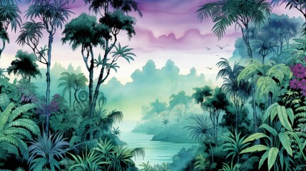 Fototapeta na wymiar Watercolor painting of stunning mountain lake with lush greenery and majestic peaks