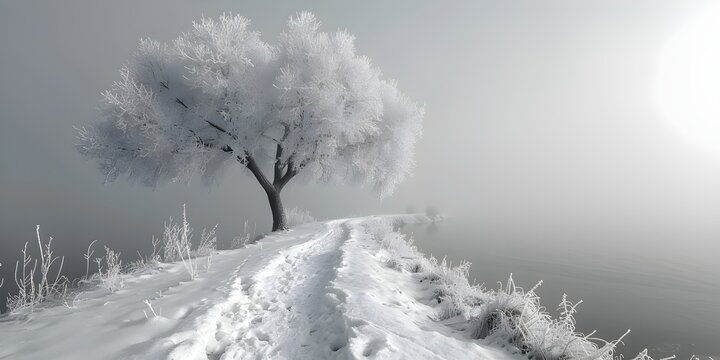 Snow-covered Tree on Frozen Lake in Foggy Landscape, To convey a sense of peace and calm in a dreamlike, ethereal setting