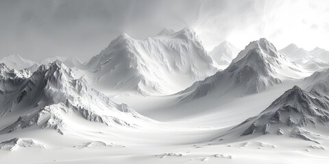 Ethereal Snowy Mountains in Grayscale from Above, This image would be perfect for a magazine cover or a website background, conveying a sense of - obrazy, fototapety, plakaty