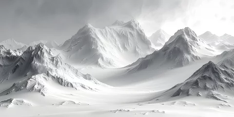 Fotobehang Ethereal Snowy Mountains in Grayscale from Above, This image would be perfect for a magazine cover or a website background, conveying a sense of © prasong.