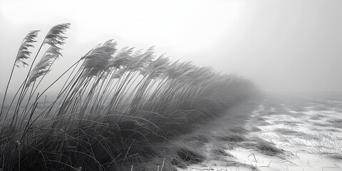 Foggy Morning Beach Dunes with Grasses, To convey the natural beauty and tranquility of a foggy beach scene through black and white photography - obrazy, fototapety, plakaty