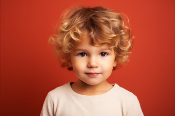 Portrait of a cute little boy with curly hair over red background.