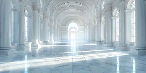 Bright White Marble Hall with Tall Columns and Arched Windows, To convey a sense of grandeur, luxury, and sophistication in high-end branding, - obrazy, fototapety, plakaty