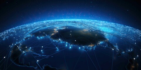 World map on a technological background, glowing lines symbols of the Internet, radio, television, mobile and satellite communications. with glowing shape network behind transparent background.....