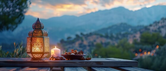 The Ramadan theme has an Islamic lantern and strawberries top of an wooden surface a relaxation portrait against blurry nature backdrop with space, Generative AI.