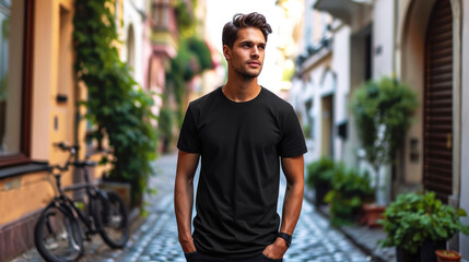 handsome model man stands wears a black t-shirt mock up in a sunny park, exuding a casual yet confident aura amidst nature's embrace background banner copy space area