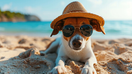 Summer season Beach dog with sunglasses and hat, a cute white Jack Russell terrier, happy and funny, sitting on the sand background banner