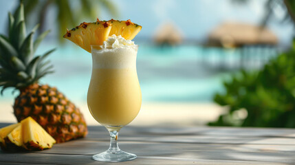 Beachside Cocktail Fresh pineapple juice and Cold Refreshment on table seaview front summer season background banner copy space area