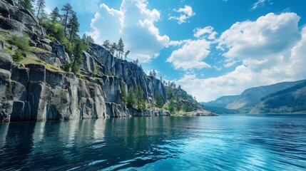 Steep cliffs and serene waters harmonizing under a flawless blue sky in the heart of the mountains.