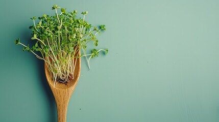 Tiny microgreen sprouts on a wooden spoon against a light green backdrop and a blank space for text or product, Generative AI.