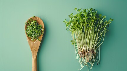 Tiny microgreen sprouts on a wooden spoon against a light green backdrop and a blank space for text or product, Generative AI.