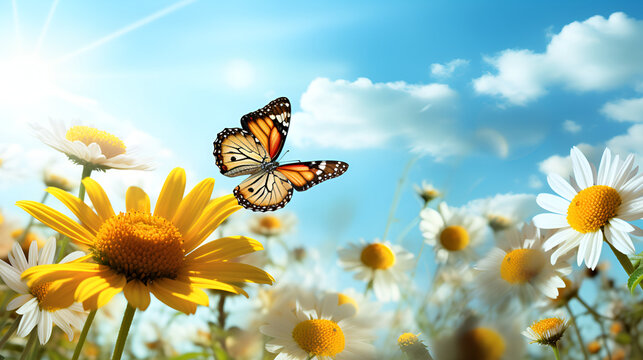butterfly on a yellow bloom flower Spring colorful meadow peaceful grassland background