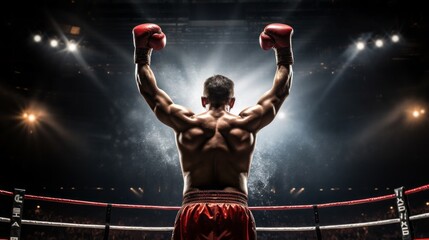 A rear view of a boxing champion enjoying his victory in the lights of the ring. Competitions, Sports, Energy, Healthy lifestyle concepts.