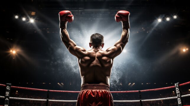 A rear view of a boxing champion enjoying his victory in the lights of the ring. Competitions, Sports, Energy, Healthy lifestyle concepts.