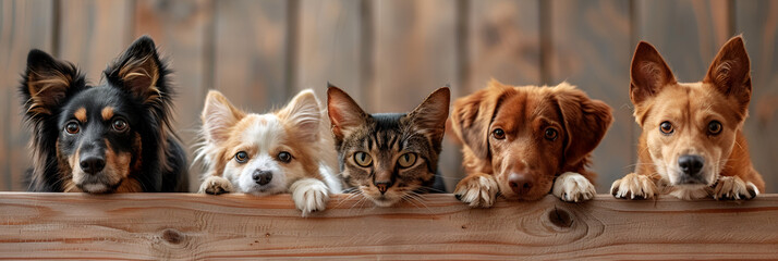 Dogs and Cats Peeking Over Web Banner, generative Ai