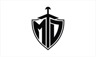 MD initial letter shield icon gaming logo design vector template. batman logo, sports logo, monogram, polygon, war game, symbol, playing logo, abstract, fighting, typography, icon, minimal, knife logo