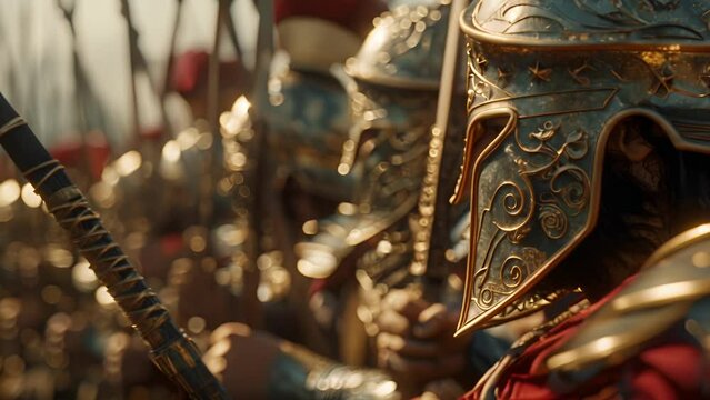 A closeup of the sarissa the renowned long spear used by the Macedonian Phalanx highlighting its length and deadly precision.