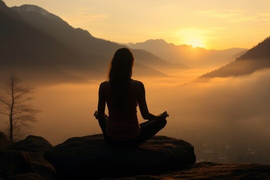 A woman does yoga against the backdrop of mountains and sky. Healthy lifestyle concept