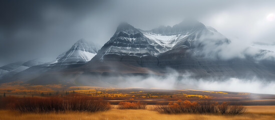 The tranquil beauty of snow-capped mountains towering over a valley of vibrant autumn foliage and rolling mist.