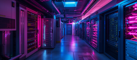 Vibrant neon lights illuminating racks of servers in a modern data center, reflecting the power of advanced computing. - obrazy, fototapety, plakaty