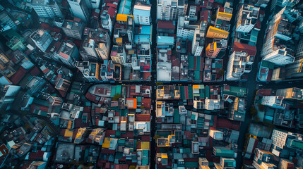Fototapeta premium Nighttime cityscape from above revealing the illuminated grid of streets amidst the dense urban architecture.