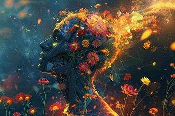 Fototapeta na wymiar Digital artwork illustration of a shattered human form being engulfed by flames, with vibrant flowers blooming from within, representing the resilience of the human spirit in the face of adversity