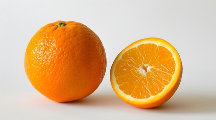 Fresh Whole and Halved Orange on White Background