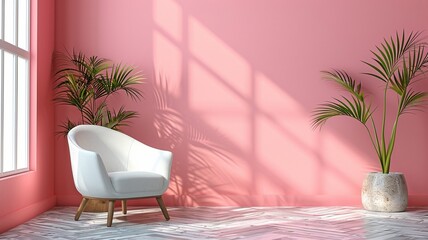 Interior of a light-colored living room with an armchair against a blank pink wall.