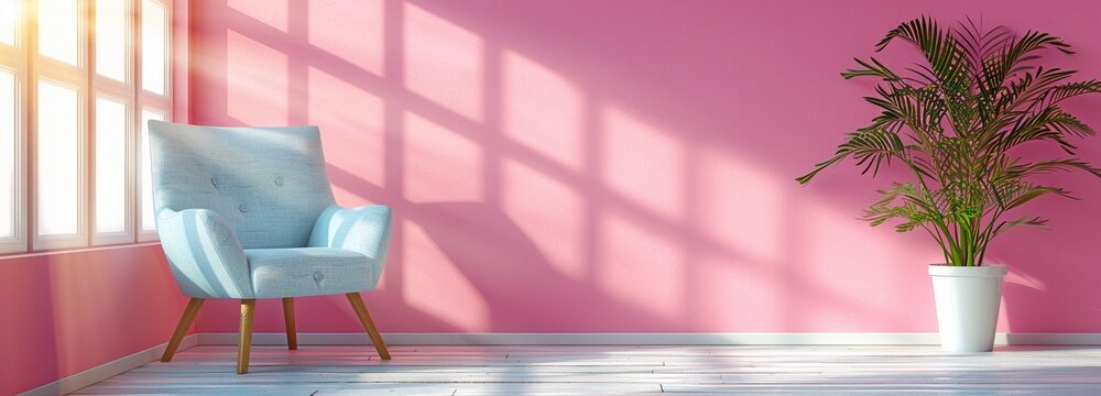 Interior of a light-colored living room with an armchair against a blank pink wall.
