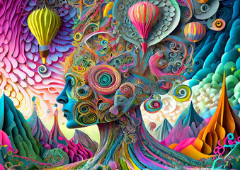 アイデア、想像、創造性の概念で抽象的な人の顔の3dイラスト