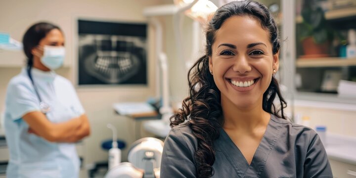 Smiling dentist in clinic portrait, dental hygienist 