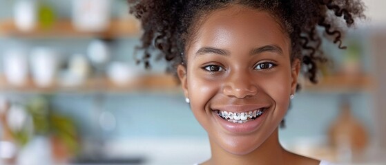 A happy adolescent black girl with dazzling, colorful braces on her white, healthy teeth. Concept of pediatric dentistry. duplicate space