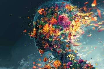 Digital artwork illustration of a shattered human form being engulfed by flames, with vibrant flowers blooming from within, representing the resilience of the human spirit in the face of adversity
