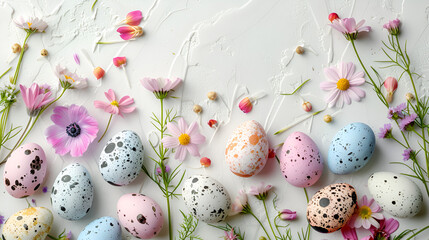 Easter composition of colorful quail eggs and spring background, generative Ai