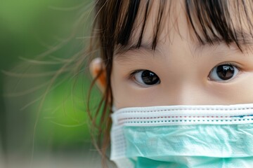 A young girl wearing a green mask. The girl has brown hair and brown eyes