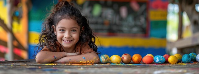 dark happy girl with colored eggs. happy easter concept. homemade, seasonal, religious holiday style - obrazy, fototapety, plakaty