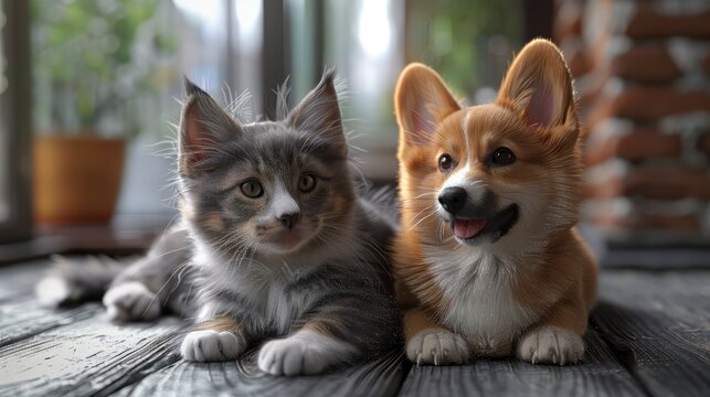 Fluffy Friends Cat Corgi Dog Sitting, Desktop Wallpaper Backgrounds, Background HD For Designer