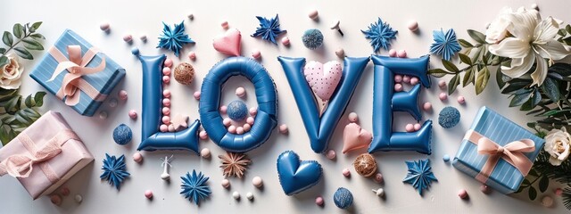 blue inflated, plump ,  three-dimensional text LOVE with flowers on white background . Greeting card , seasonal holiday.  - obrazy, fototapety, plakaty